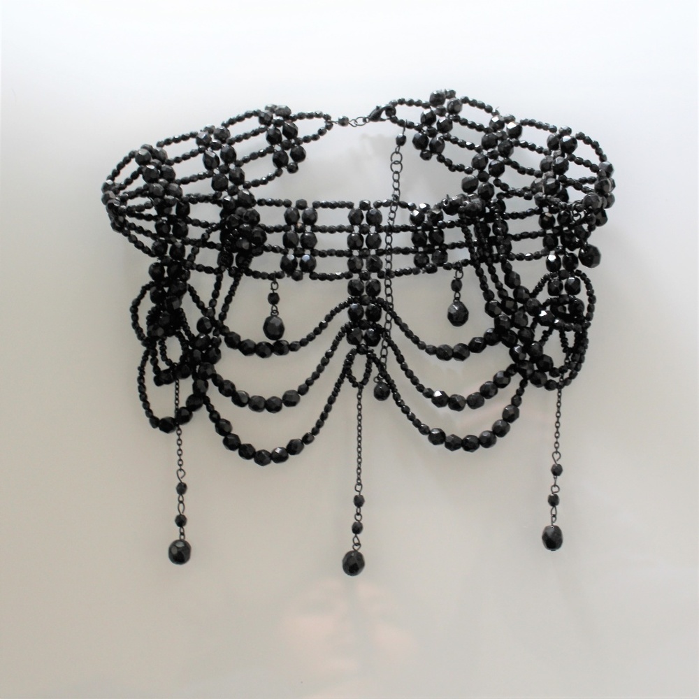 Boutique Flapper Black Beaded Choker Necklace